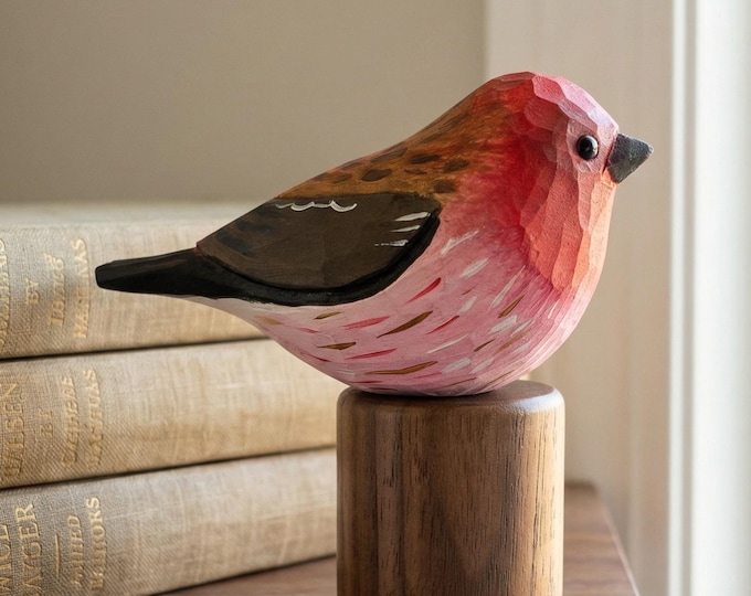 Hand Carved Purple Finch Figurine, Rustic Woodland Bird Decor, Chiseled Wood Carving
