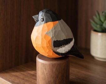 Hand-Carved Eurasian Bullfinch Basswood Figurine, Artisan Bird Sculpture, Shelf Decor