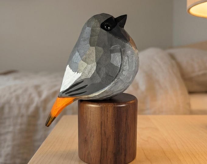 Hand Carved Black Redstart Wooden Figurine, Realistic Bird Sculpture, Basswood Nature Art