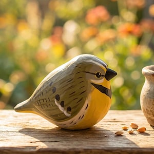 Hand-carved wooden Western Meadowlark figurine with a faceted whittled texture and hand-painted yellow breast and black V-neckband. The bird sculpture is perched on a wooden surface next to a small ceramic pot, perfect for rustic home decor, a nature-themed shelf sitter, or a unique gift for bird watchers.