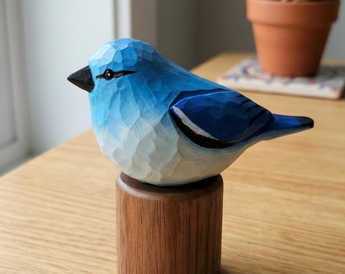 Hand Carved Mountain Bluebird Wooden Figurine, Rustic Whittled Bird Decor