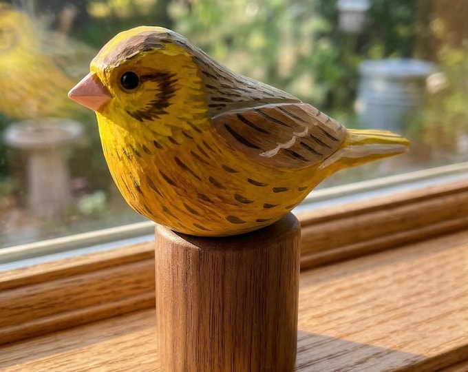 Hand Carved Yellowhammer Figurine, Rustic Whittled Wood Bird Art, Nature Desk Decor