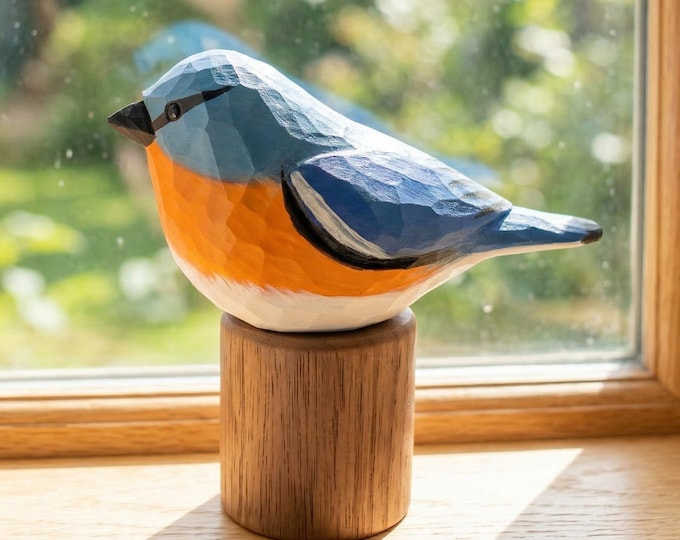 Hand Carved Wooden Bluebird Figurine, Hand Painted Folk Art Bird Decor