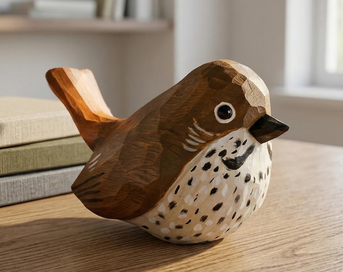Hand Carved Hermit Thrush Wooden Bird Figurine, Rustic Home Decor, Hand-Painted Miniature Desk Accessory