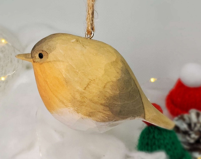 European robin Bird Hanging Christmas Ornaments Wooden Hand Carved Painted Bird