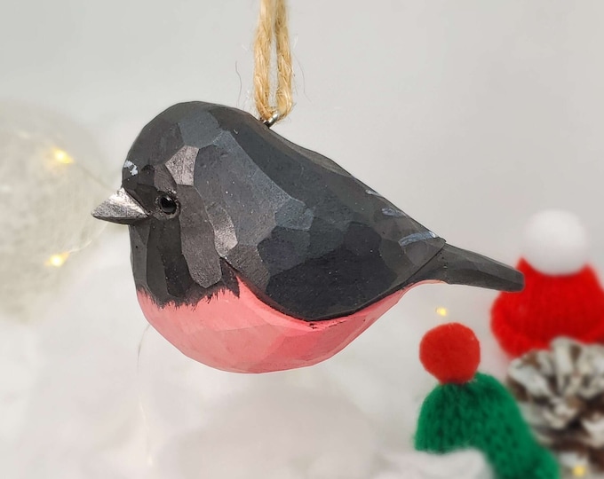 Hand Carved Pink Robin Ornament, Australian Basswood Bird Figurine, Christmas Tree Decor