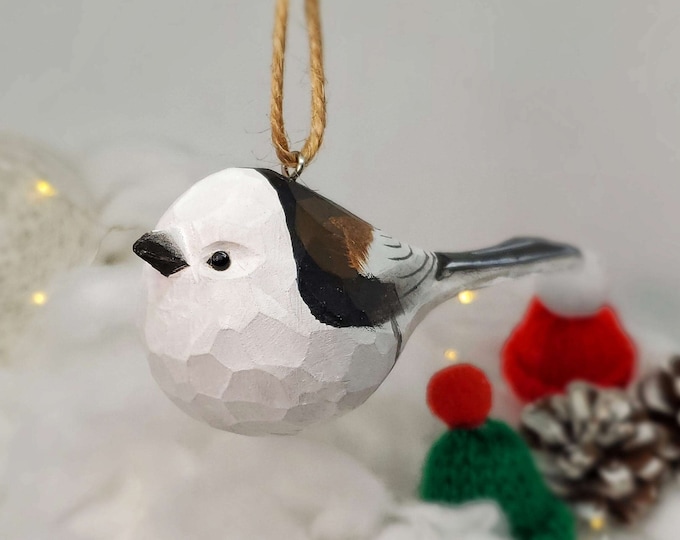 Long Tailed Tit Ornament, Hand Painted Pink White Bird Figurine, Shima Enaga Cute Songbird Tree Decor, Gift for Bird Lovers