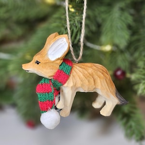 Hand-Carved Wooden Fennec Fox Ornament | Basswood Animal Lover Holiday Decor