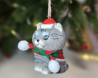 Festive Cat Christmas Ornament: Red Hat, Mini Scarf - Gift Box