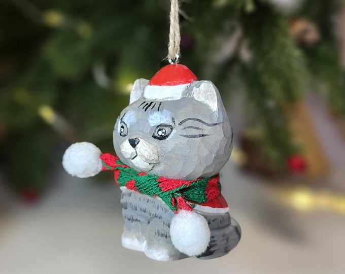 Festive Cat with Red Hat and Mini Scarf Hanging Christmas Tree Ornaments - Gift Box Included