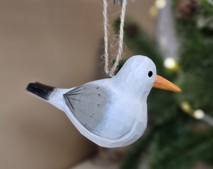 Hand-Carved Seagull Ornament, Hand-Painted Coastal Bird Figurine with Scarf