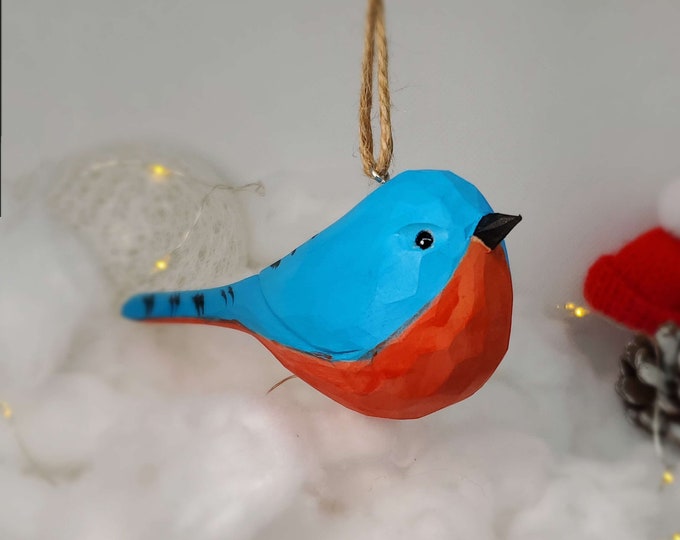 Hand-Carved Eastern Bluebird Ornament, Basswood Figurine, Symbol of Happiness Tree Decor