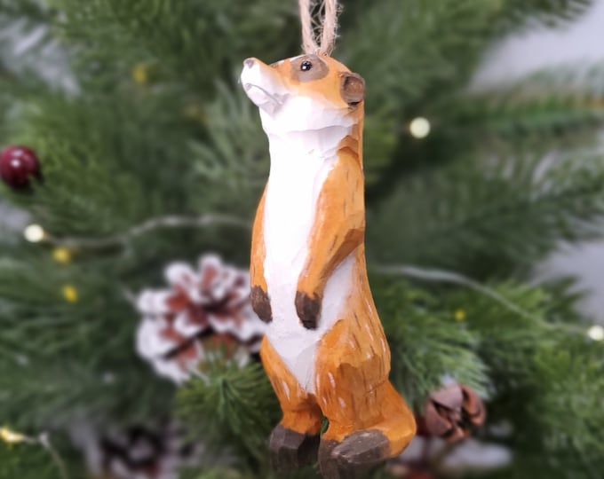 Hand Carved Wooden Meerkat Ornament, Safari Animal Figurine, Christmas Tree Hanging, Shelf Decor