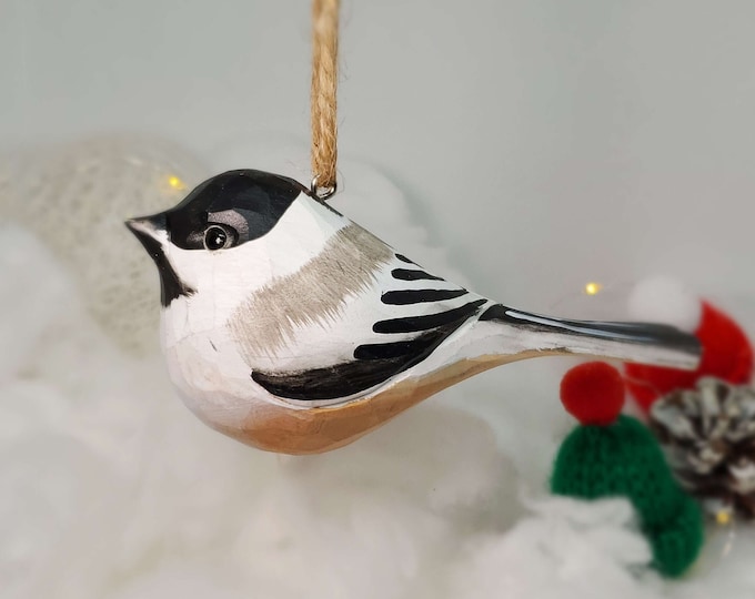 Hand-Painted Chickadee Ornament | Basswood Bird Figurine, Nature Holiday Decor