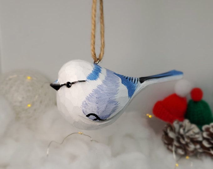 Azure tit Hanging Decor Christmas Ornaments Wooden Hand Carved Painted Bird