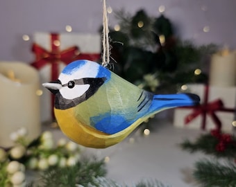Handcrafted Eurasian Blue Tit Wooden Christmas Tree Ornaments - Unique Bird Hanging Decorations
