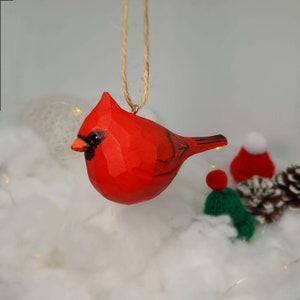 Northern Cardinal Ornaments Male Christmas Decor Hand Carved Painted Bird Hanging