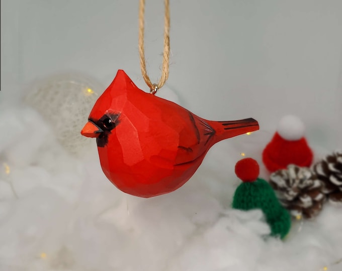 Northern Cardinal Ornaments Male Christmas Decor Hand Carved Painted Bird Hanging