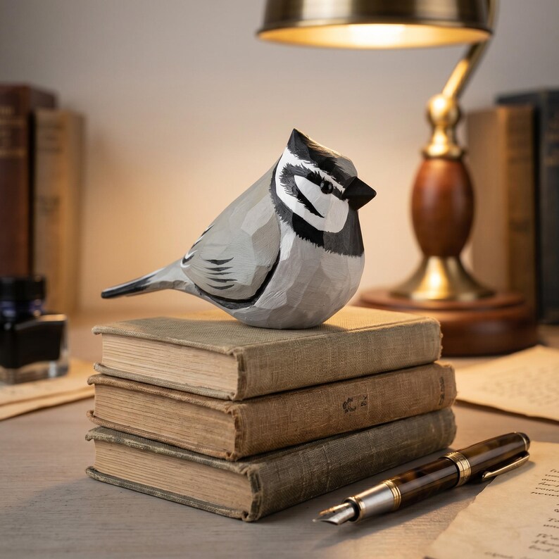 Hand-painted gray Bridled Titmouse wood figurine on vintage books. Basswood bird sculpture for home office desk decor and bird watcher gifts.