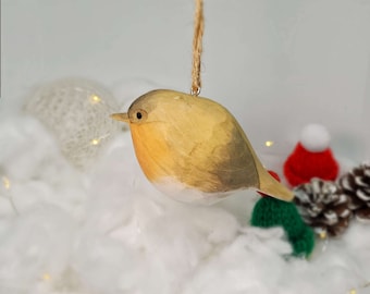 European robin Bird Hanging Christmas Ornaments Wooden Hand Carved Painted Bird