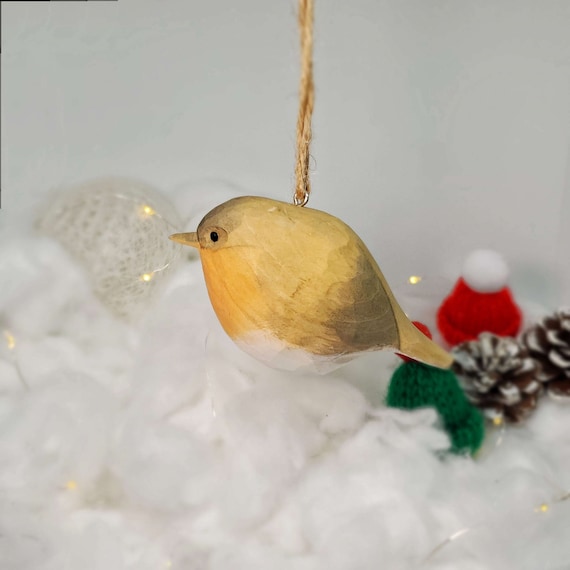 European robin Bird Hanging Christmas Ornaments Wooden Hand Carved Painted Bird