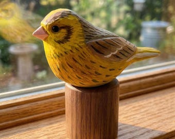 Hand Carved Yellowhammer Figurine, Rustic Whittled Wood Bird Art, Nature Desk Decor