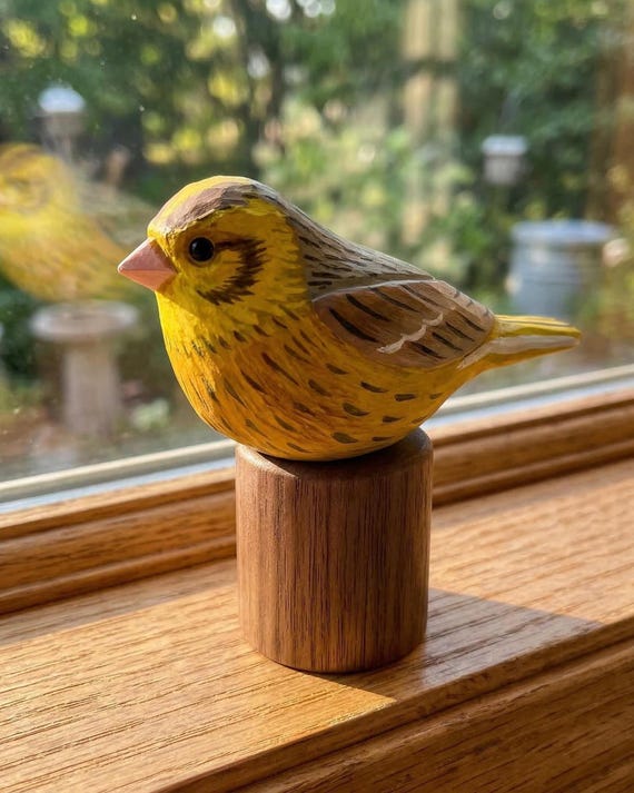 Hand Carved Yellowhammer Figurine, Rustic Whittled Wood Bird Art, Nature Desk Decor