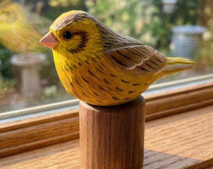 Hand Carved Yellowhammer Figurine, Rustic Whittled Wood Bird Art, Nature Desk Decor