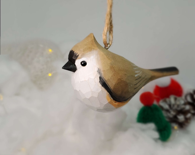 Tufted Titmouse Hanging Christmas Ornaments Wooden Hand Carved Painted Bird