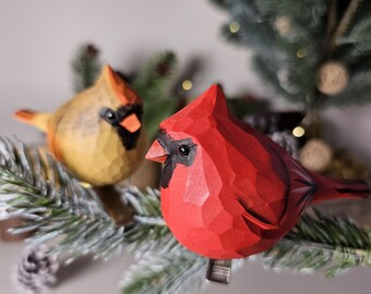 Cardinal Couple Wooden Christmas Tree Ornaments - Handcrafted Holiday Décor with Gift Box - Rustic Cardinal Bird Ornament Set