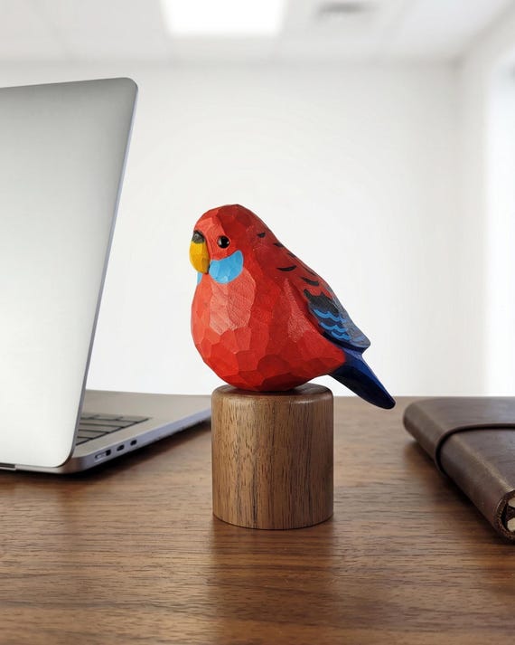 Hand Carved Crimson Rosella Wooden Bird Statue, Australian Parrot Decor, Wood Gift