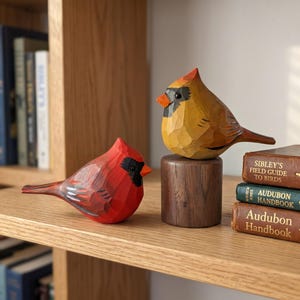 Hand Carved Wooden Cardinal Figurine, Basswood Bird Statue, Black Walnut Base