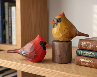 Hand Carved Wooden Cardinal Figurine, Basswood Bird Statue, Black Walnut Base