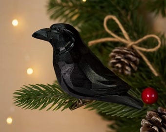 Handcarved Basswood Raven Ornament: Gothic Christmas Tree Decor