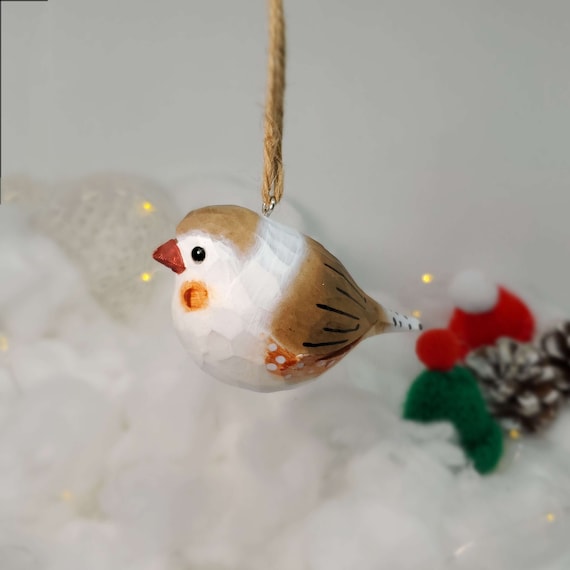 Handcrafted Zebra Finch Wooden Christmas Ornament: Rustic Holiday Decor