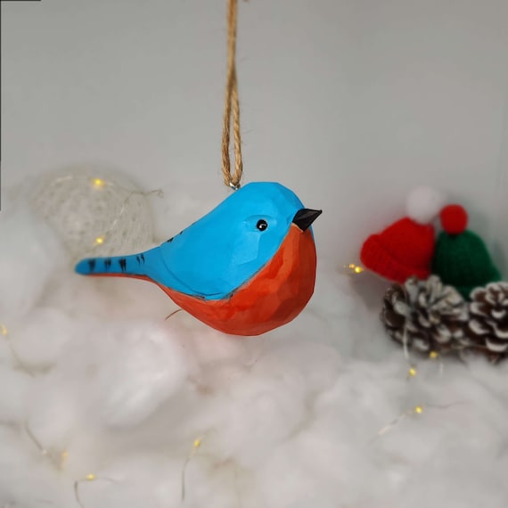Eastern Bluebird Hanging Christmas Ornaments Wooden Hand Carved Painted Bird