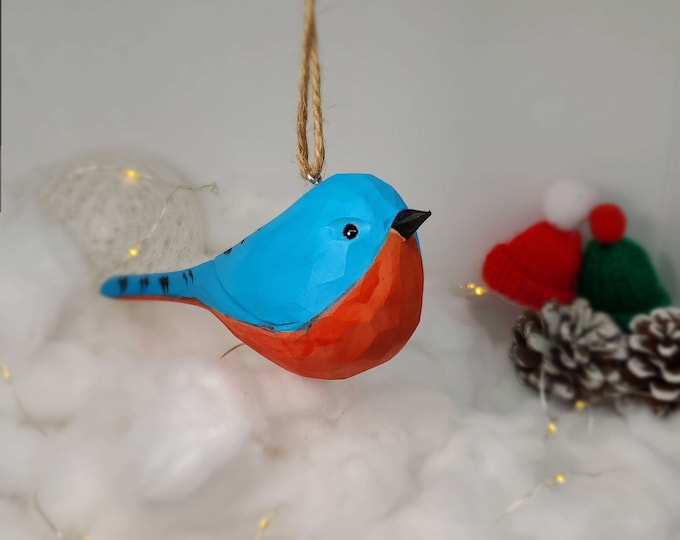 Eastern Bluebird Hanging Christmas Ornaments Wooden Hand Carved Painted Bird