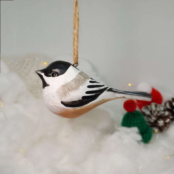 Chickadee Hanging Christmas Ornaments Wooden Hand Carved Painted Bird