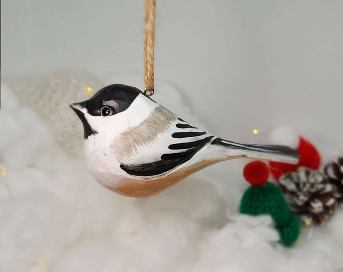 Chickadee Hanging Christmas Ornaments Wooden Hand Carved Painted Bird
