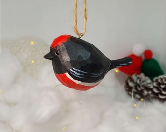 Australasian Robin Hanging Christmas Ornaments Wooden Hand Carved Painted Bird