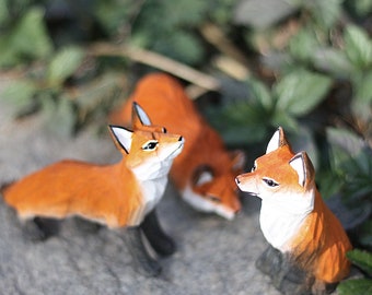 Fox Figurines | Hand Carved Painted Wooden Animal Home Decor sculpture ornaments