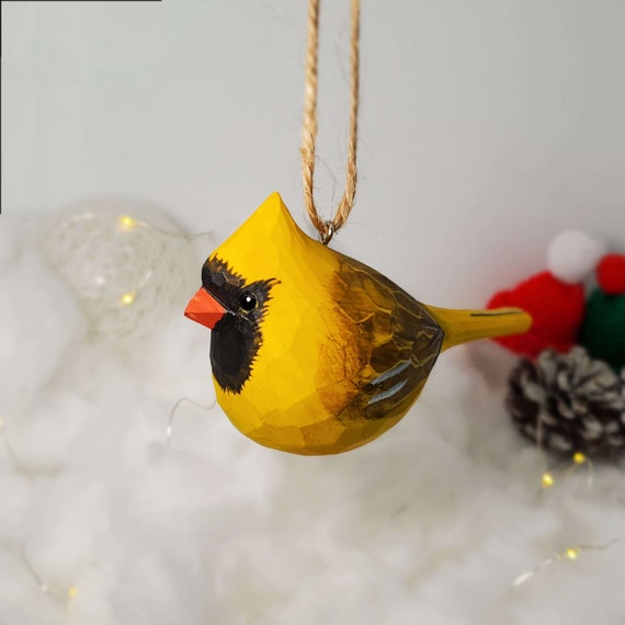 Northern Cardinal Golden Christmas Decor Hand Carved Painted Bird Ornaments