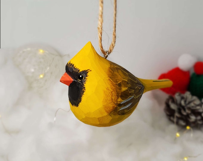 Northern Cardinal Golden Christmas Decor Hand Carved Painted Bird Ornaments
