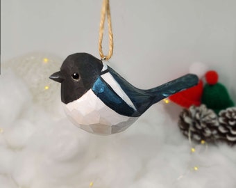 Magpie Hanging Christmas Ornaments Wooden Hand Carved Painted Bird