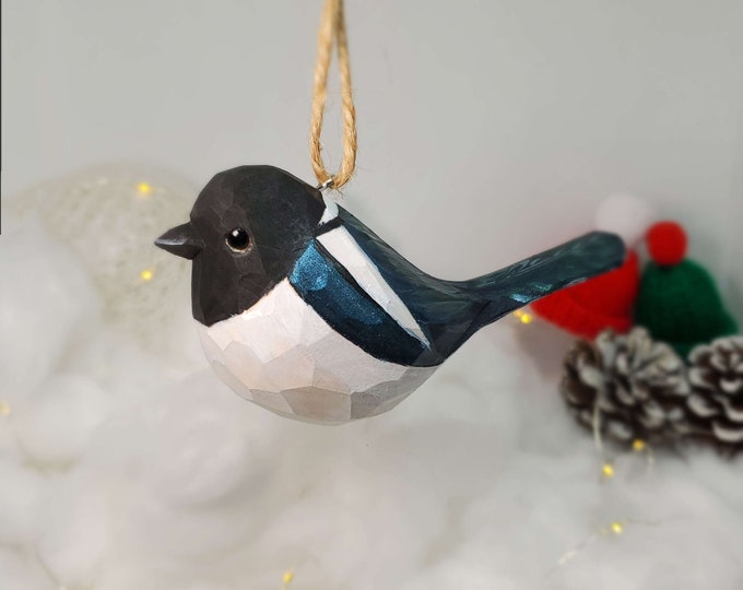 Magpie Hanging Christmas Ornaments Wooden Hand Carved Painted Bird