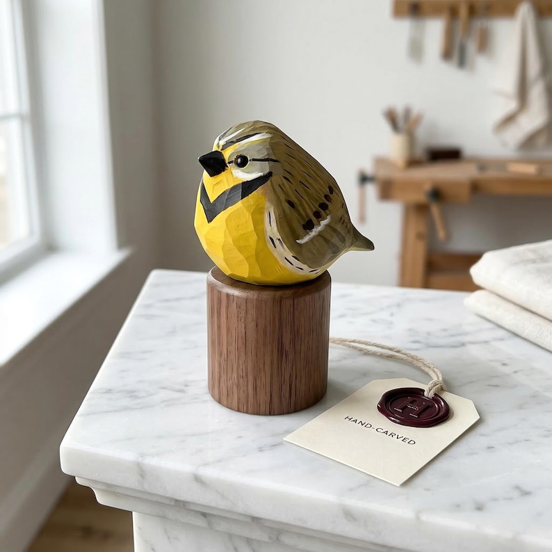 Hand-carved wooden Western Meadowlark figurine with a faceted whittled texture and hand-painted yellow plumage. The bird sculpture features a "HAND-CARVED" tag and is perched on a wooden base on a white marble surface, perfect for rustic home decor, a nature-themed shelf sitter, or a unique gift for bird watchers.