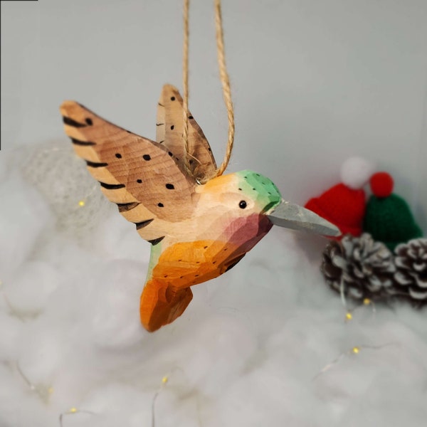 Hummingbird Hanging Christmas Ornaments Wooden Hand Carved Painted Bird