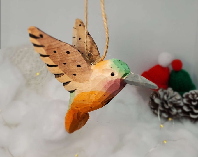 Hummingbird Hanging Christmas Ornaments Wooden Hand Carved Painted Bird