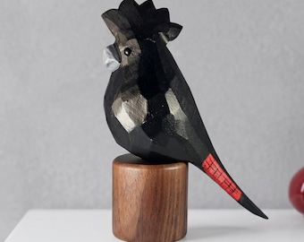 Hand-Painted Basswood Cockatoo Figurine, Black Walnut Base, Miniature Bird Sculpture