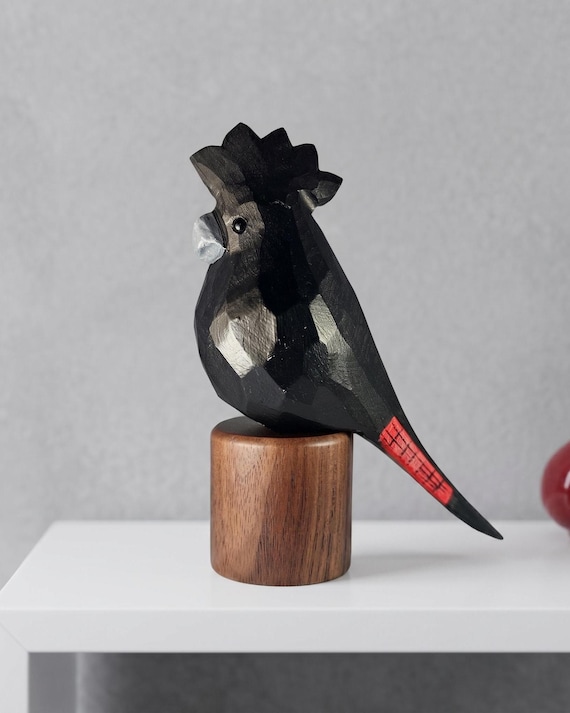 Hand-Painted Basswood Cockatoo Figurine, Black Walnut Base, Miniature Bird Sculpture